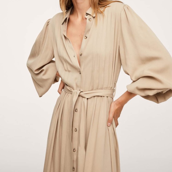 Beige button down long sleeve pleated tie-waist midi dress - Picture 5 of 6
